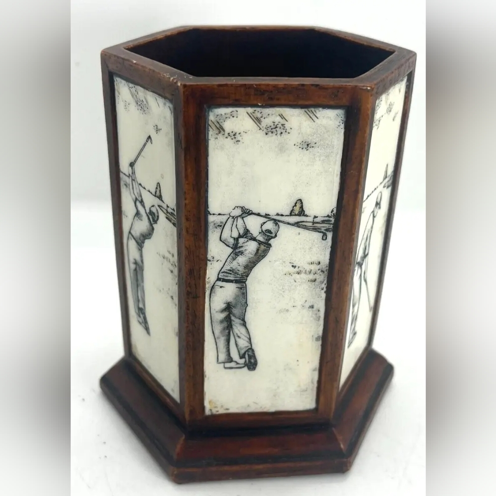 Vintage Enesco 2002 Ceramic Golf Pen Pencil Holder Office Desk Organizer